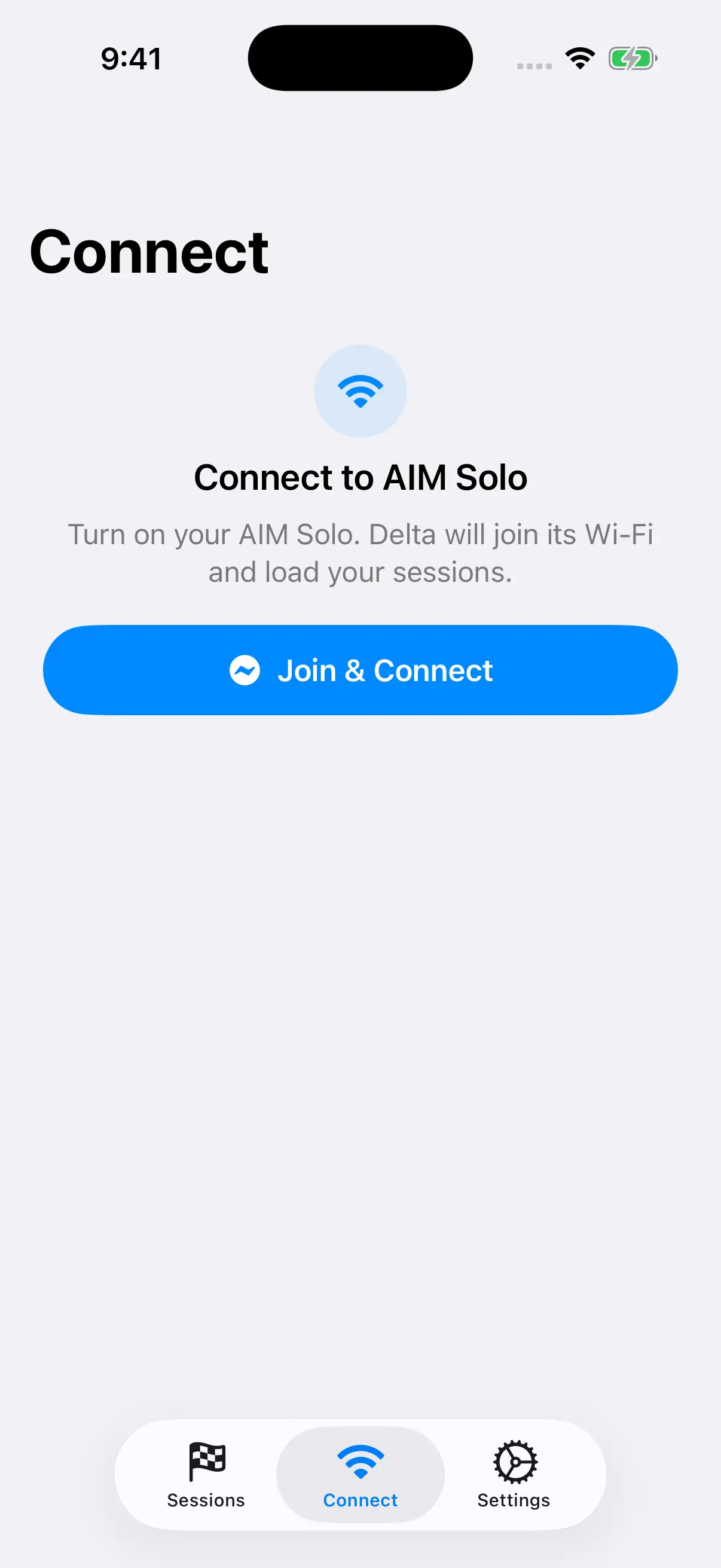 The current Delta Connect prompt and Join and Connect button for an AiM Solo over Wi-Fi.