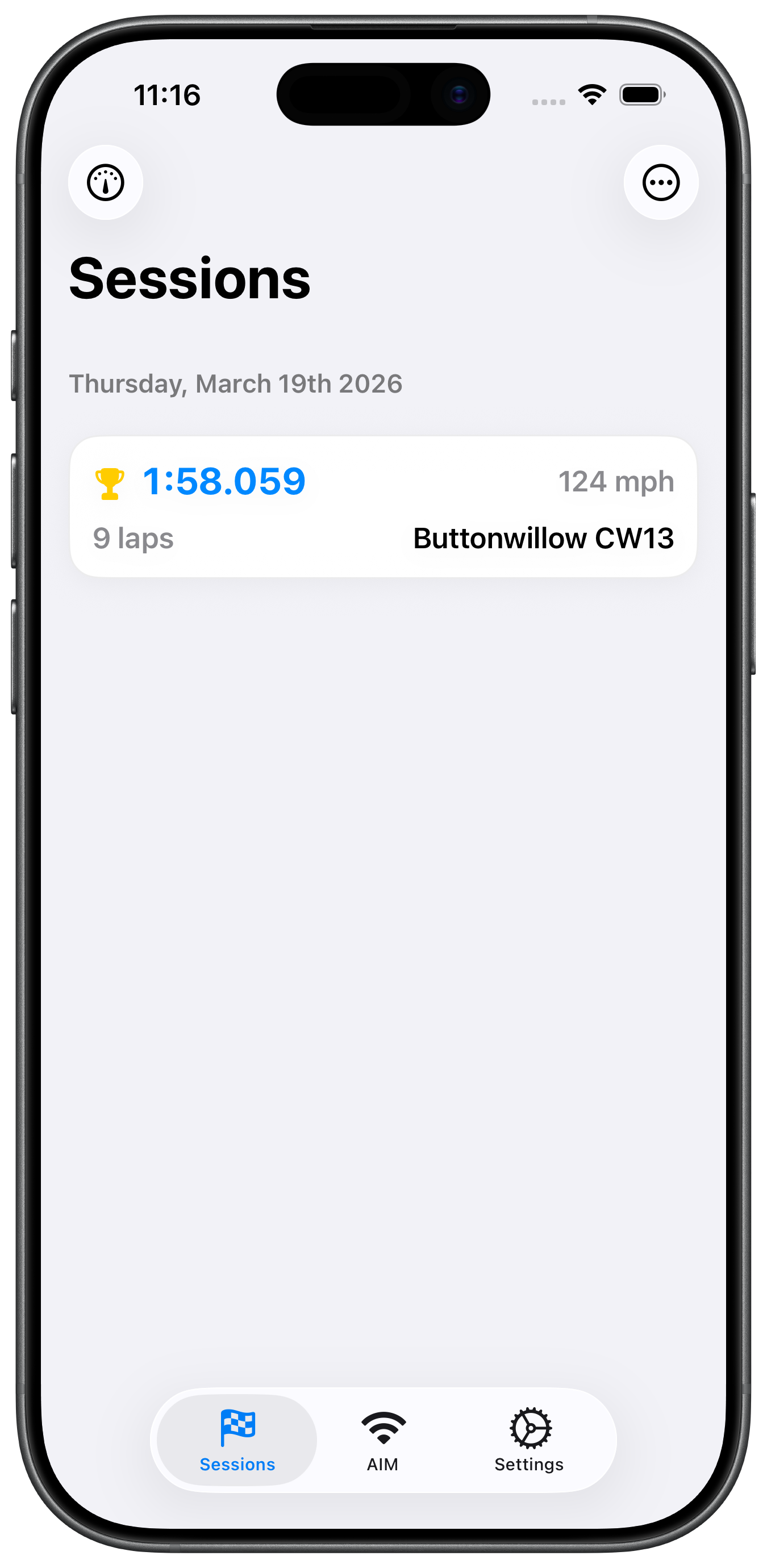 Delta iPhone app screenshot showing the saved sessions overview with a Buttonwillow lap session, best lap, speed, and lap count.